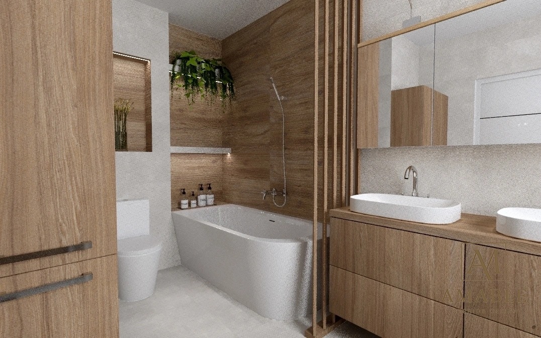 Nowoczesna aranżacja łazienki w Grodzisku Mazowieckim. Drewniane wykończenie, wanna wolnostojąca i rośliny tworzą przytulny klimat.