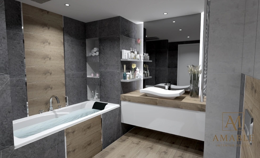 Nowoczesna łazienka z wanną z hydromasażem, drewnianymi akcentami i szarymi płytkami. Umywalka nablatowa i półki z kosmetykami dodają elegancji.