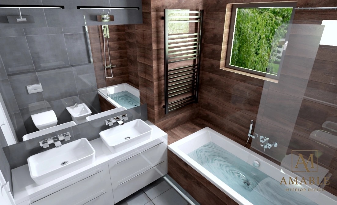 Nowoczesna łazienka z dwoma umywalkami na białej szafce, grzejnikiem drabinkowym i wanną wypełnioną wodą, okno z widokiem na zieleń. Płytki imitujące drewno.