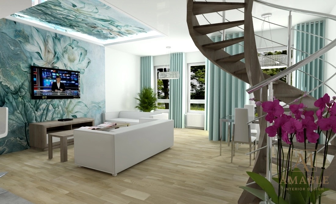 Jasne wnętrze z spiralnymi schodami i akcentem kwiatowym na ścianie. Minimalistyczny salon z turkusowymi zasłonami i nowoczesnym oświetleniem.