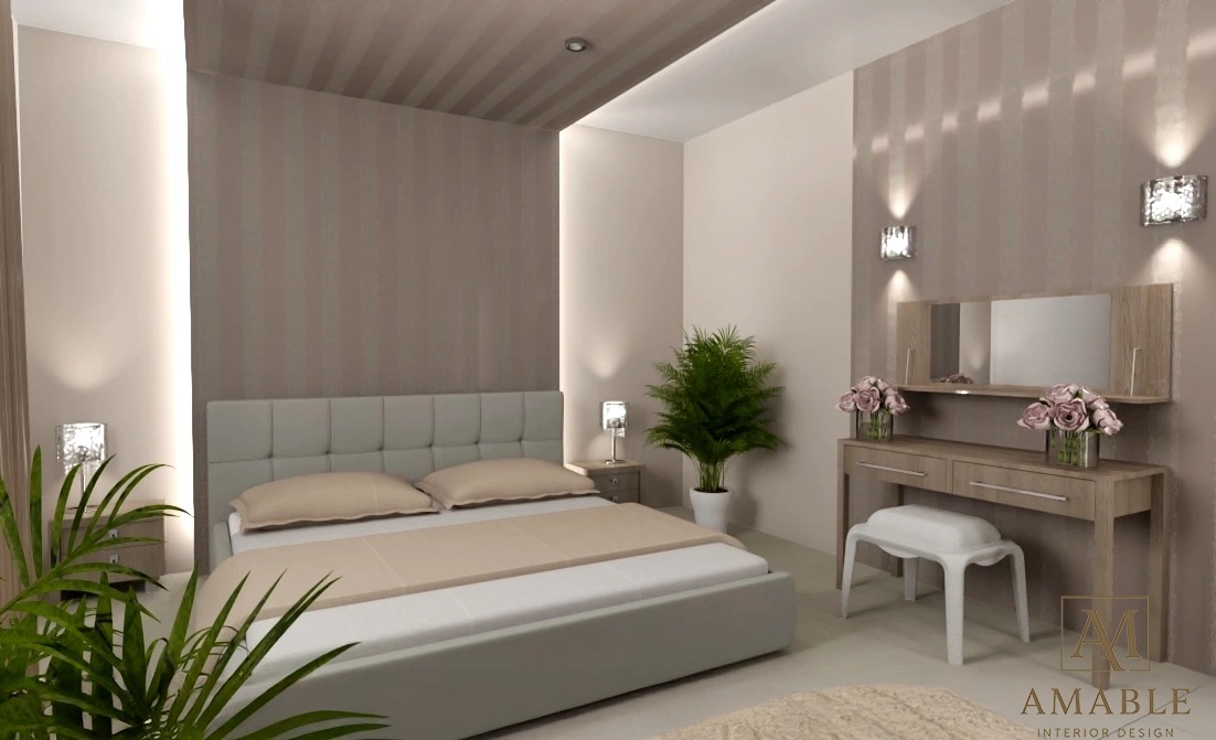 Nowoczesna sypialnia w Grodzisku Mazowieckim: tapeta w pionowe pasy, łóżko z szarym zagłówkiem, toaletka z lustrem i dekoracyjne lampy ścienne.