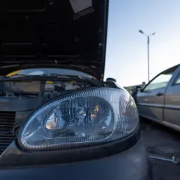 Przód czarnego samochodu z otwartą maską i widocznym silnikiem, reflektor w zbliżeniu, w tle srebrny samochód bez kół na placu.