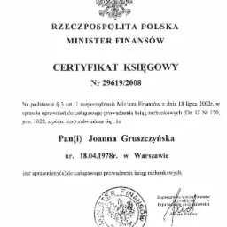 Skan certyfikatu księgowego Ministerstwa Finansów RP nr 29619/2008 dla Joanny Gruszczyńskiej, uprawniającego do usługowego prowadzenia ksiąg rachunkowych, z pieczęcią i podpisem.