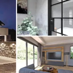 Kolaż przedstawia elewację domu z podświetlonym kamiennym ogrodzeniem, wnętrze z rośliną doniczkową i czarną ramą drzwi, salon z telewizorem i jadalnię z ceglaną ścianą i metalowymi krzesłami.