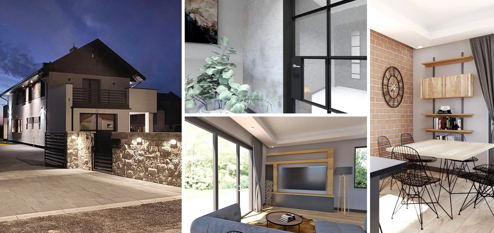 Kolaż przedstawia elewację domu z podświetlonym kamiennym ogrodzeniem, wnętrze z rośliną doniczkową i czarną ramą drzwi, salon z telewizorem i jadalnię z ceglaną ścianą i metalowymi krzesłami.