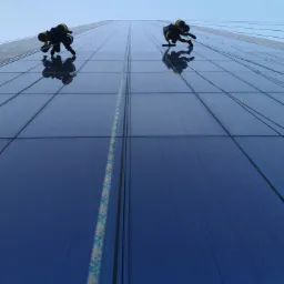 Dw&oacute;ch alpinist&oacute;w przemysłowych, zabezpieczonych linami, myje szklaną fasadę wysokiego biurowca, widoczne smugi brudu na oknach przed umyciem.