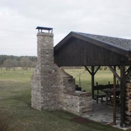 Zakład Budowlano Sztukatorski Włodarczak Krzysztof - Zewnętrzny murowany grill z kominem i zadaszeniem, obok stos drewna, na tle rozległego zielonego terenu i lasu. Całość w stonowanej kolorystyce, pochmurne niebo.