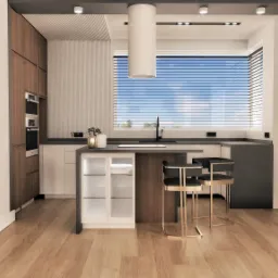 Wizualizacja nowoczesnej kuchni z wyspą, minimalistycznym okapem, kominkiem z drewnem i widokiem za oknem z żaluzjami.