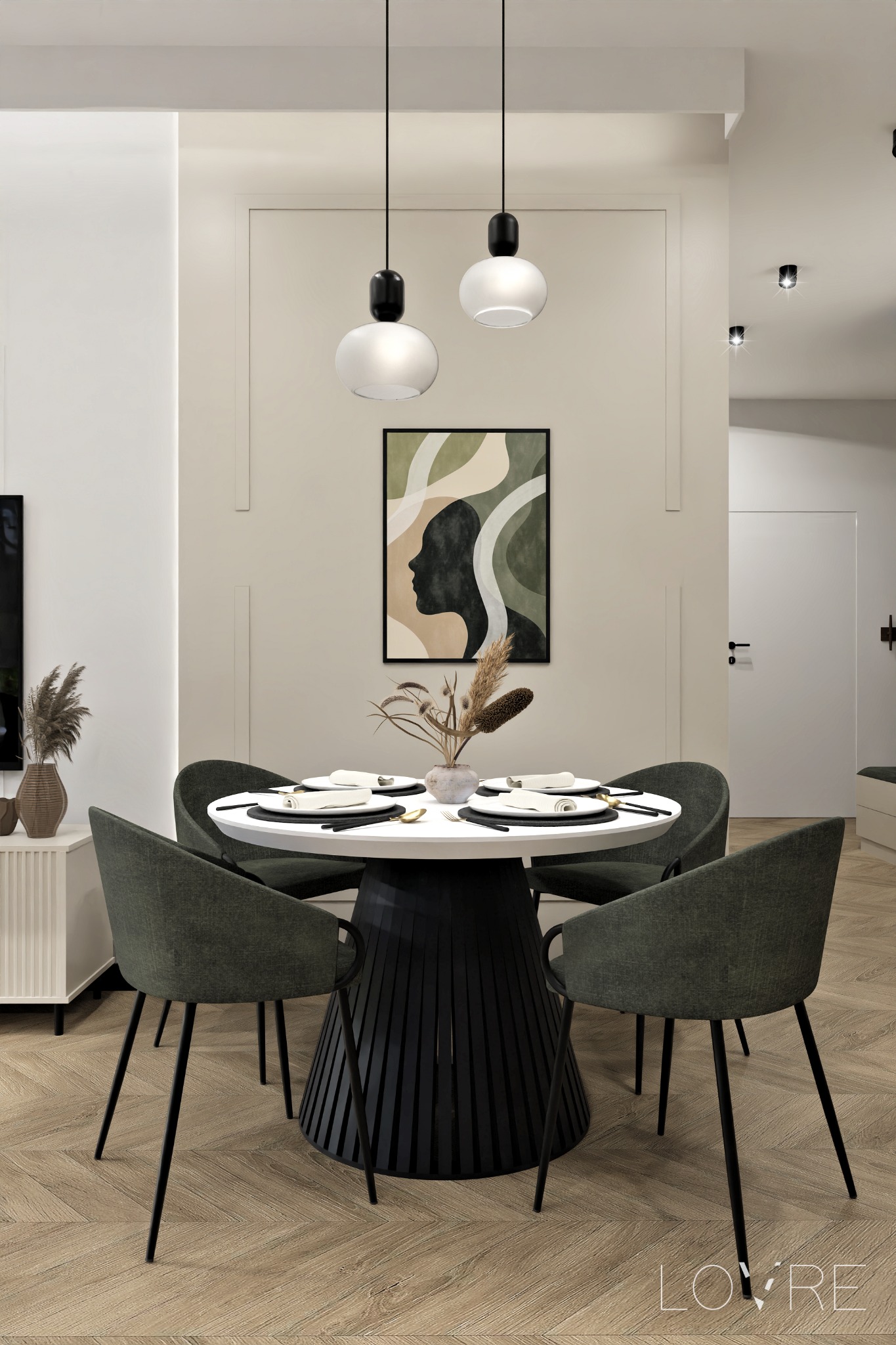 Jadalnia w neutralnych barwach: okrągły stół z czarną podstawą i nakryciem, szare krzesła na czarnych nogach, abstrakcyjny obraz na ścianie, wiszące lampy z białymi kloszami, parkiet w jodełkę.