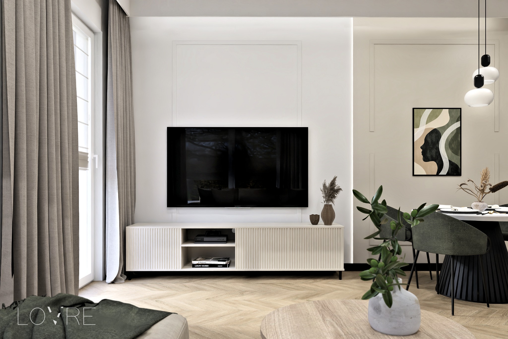 Jasne wnętrze salonu z telewizorem wiszącym nad białą szafką RTV z lamelami, parkiet w jodełkę, szare zasłony i elementami dekoracyjnymi, takimi jak obraz i wazon z suszonymi trawami.