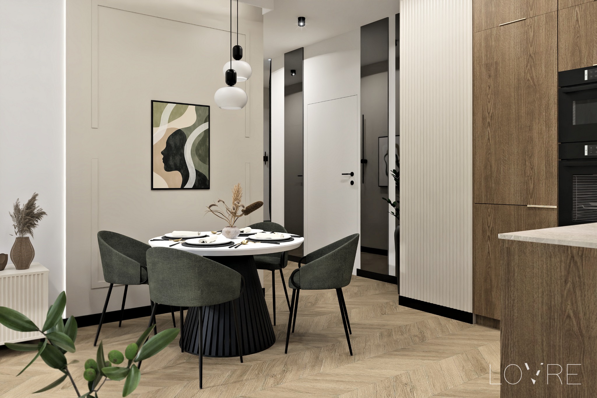 Wizualizacja jadalni z okrągłym stołem, krzesłami w kolorze oliwkowym i drewnianą podłogą w jodełkę, uzupełniona o minimalistyczną grafikę na ścianie i nowoczesne oświetlenie wiszące.