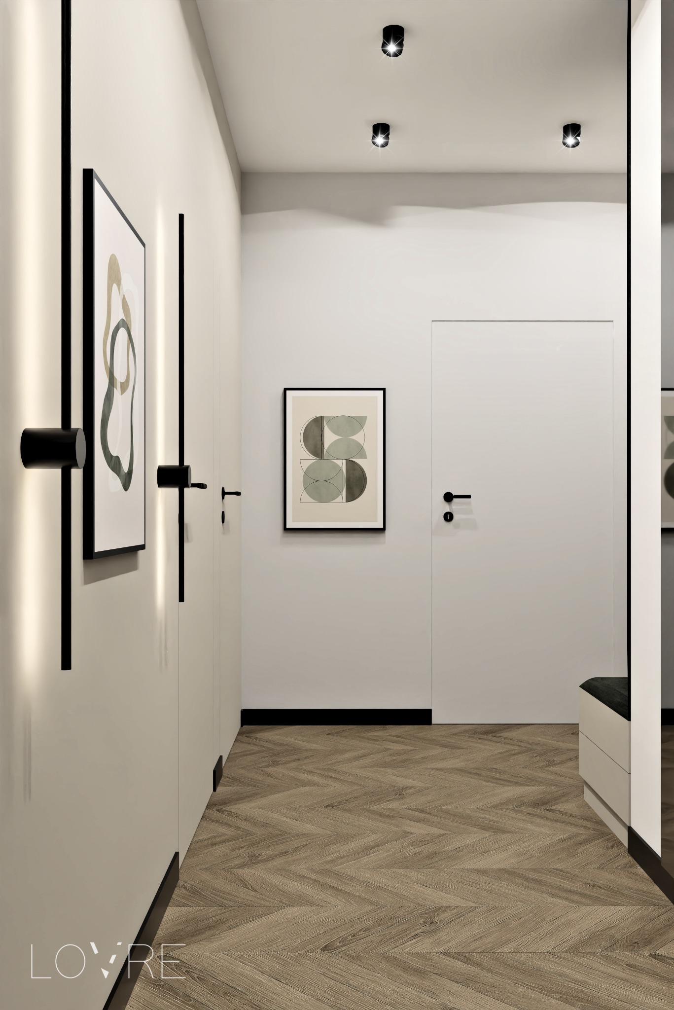 Nowoczesny przedpokój z parkietem ułożonym w jodełkę, minimalistycznymi obrazami na ścianie i oświetleniem punktowym.