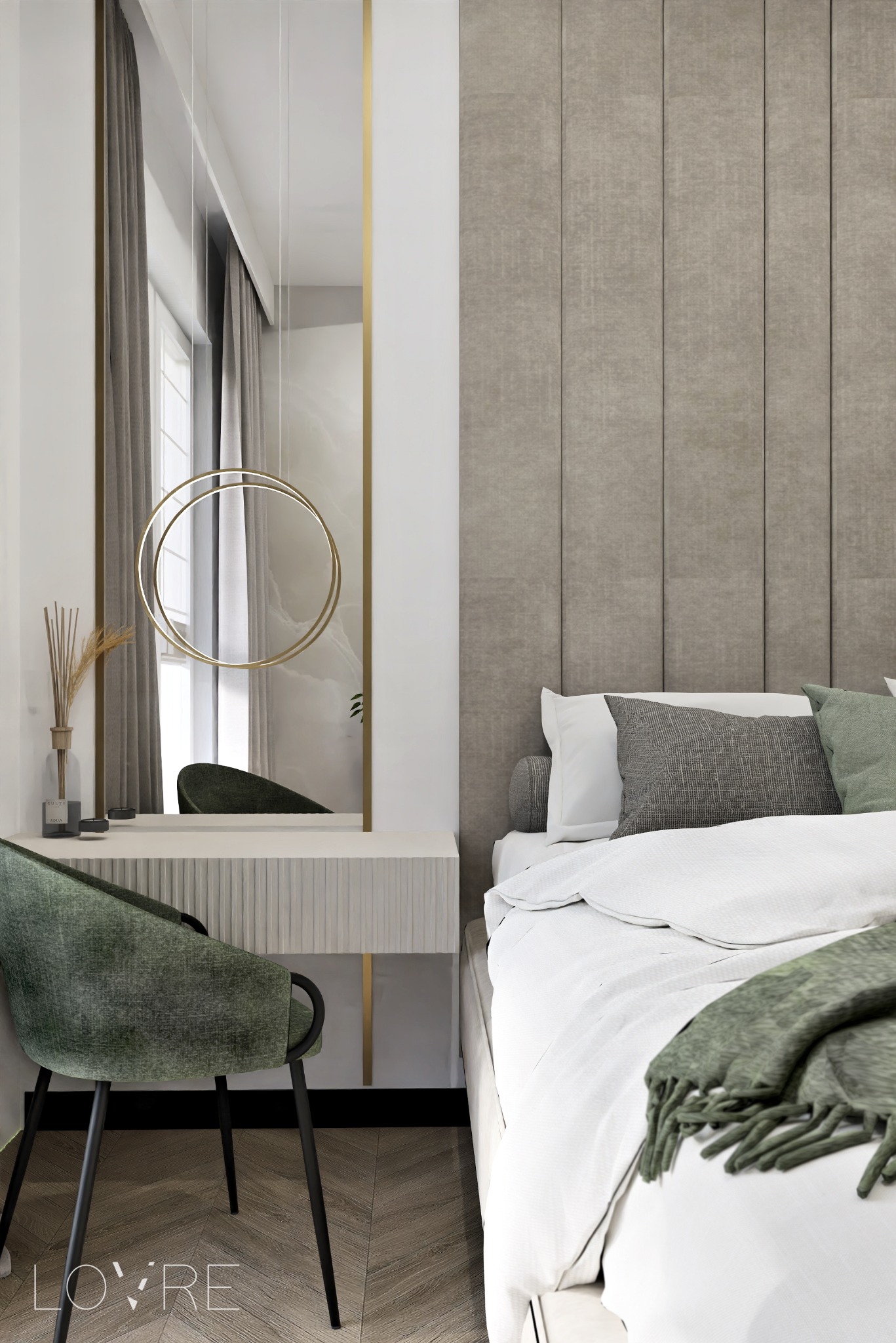 Nowoczesna sypialnia z toaletką z podświetlanym lustrem w złotej ramie, tapicerowanym panelem ściennym i łóżkiem z zielonym pledem.