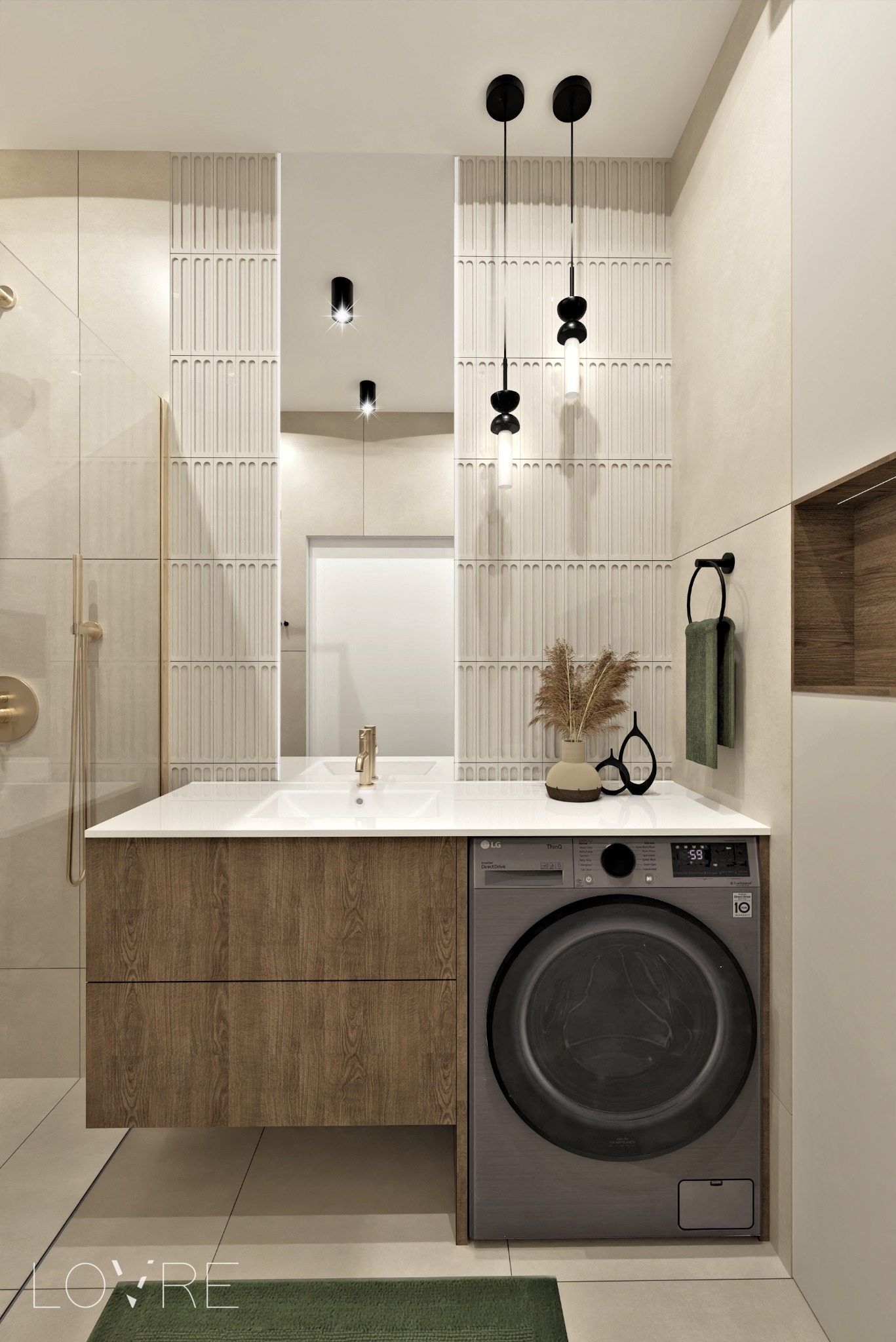 Nowoczesna łazienka w beżach z drewnianą szafką pod umywalką, złotą armaturą i pralką LG obok, oświetlona wiszącymi lampami.