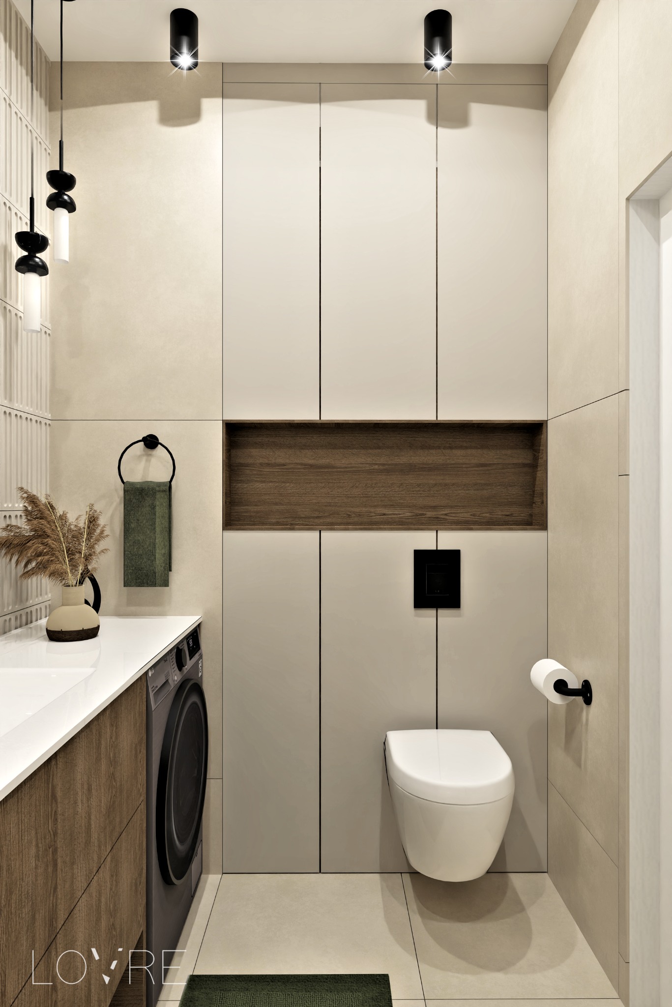 Nowoczesna łazienka w beżach z drewnianymi akcentami: wisząca toaleta, pralka pod blatem, dekoracyjna ścianka z ryflowanymi panelami, minimalistyczne oświetlenie punktowe.