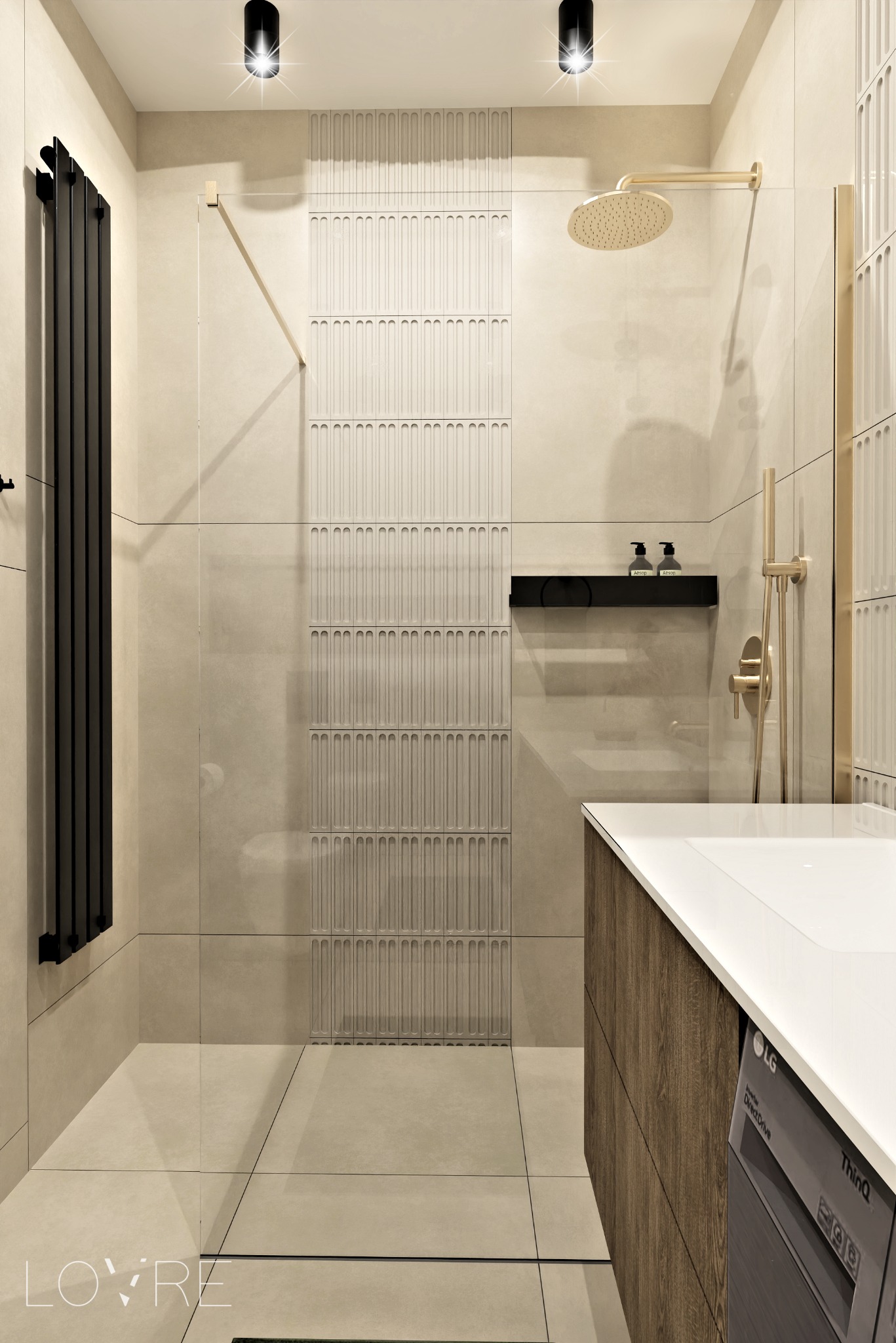 Wizualizacja łazienki z beżowymi płytkami, deszczownicą w kolorze złota, czarnym grzejnikiem drabinkowym i umywalką z drewnopodobną szafką, na której stoi pralka.