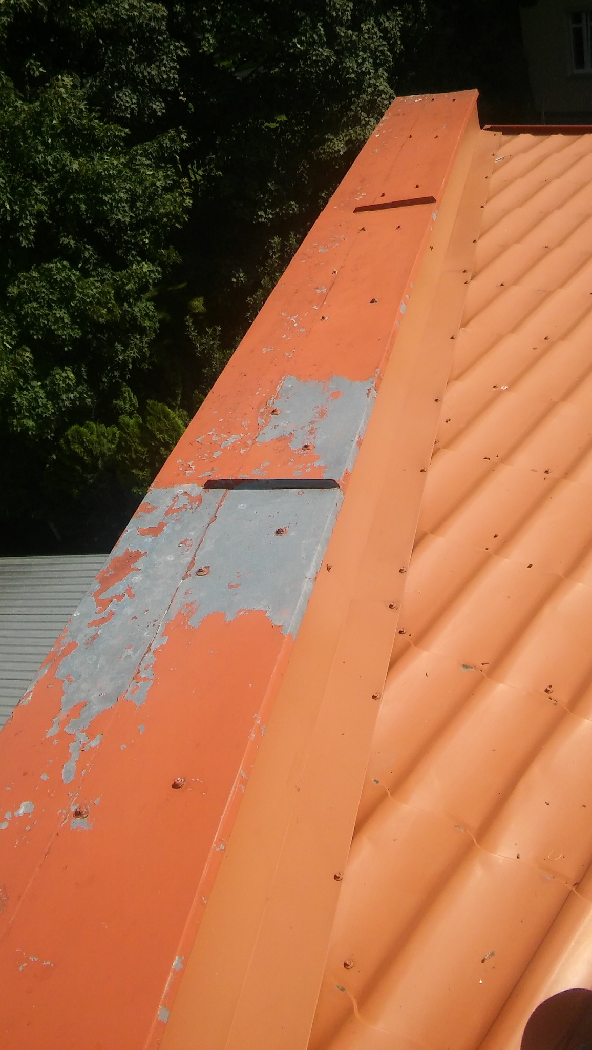 Fragment pomarańczowego dachu z widocznymi śladami odpryskującej farby i fragmentem nowej, gładkiej blachy, na tle zieleni drzew.