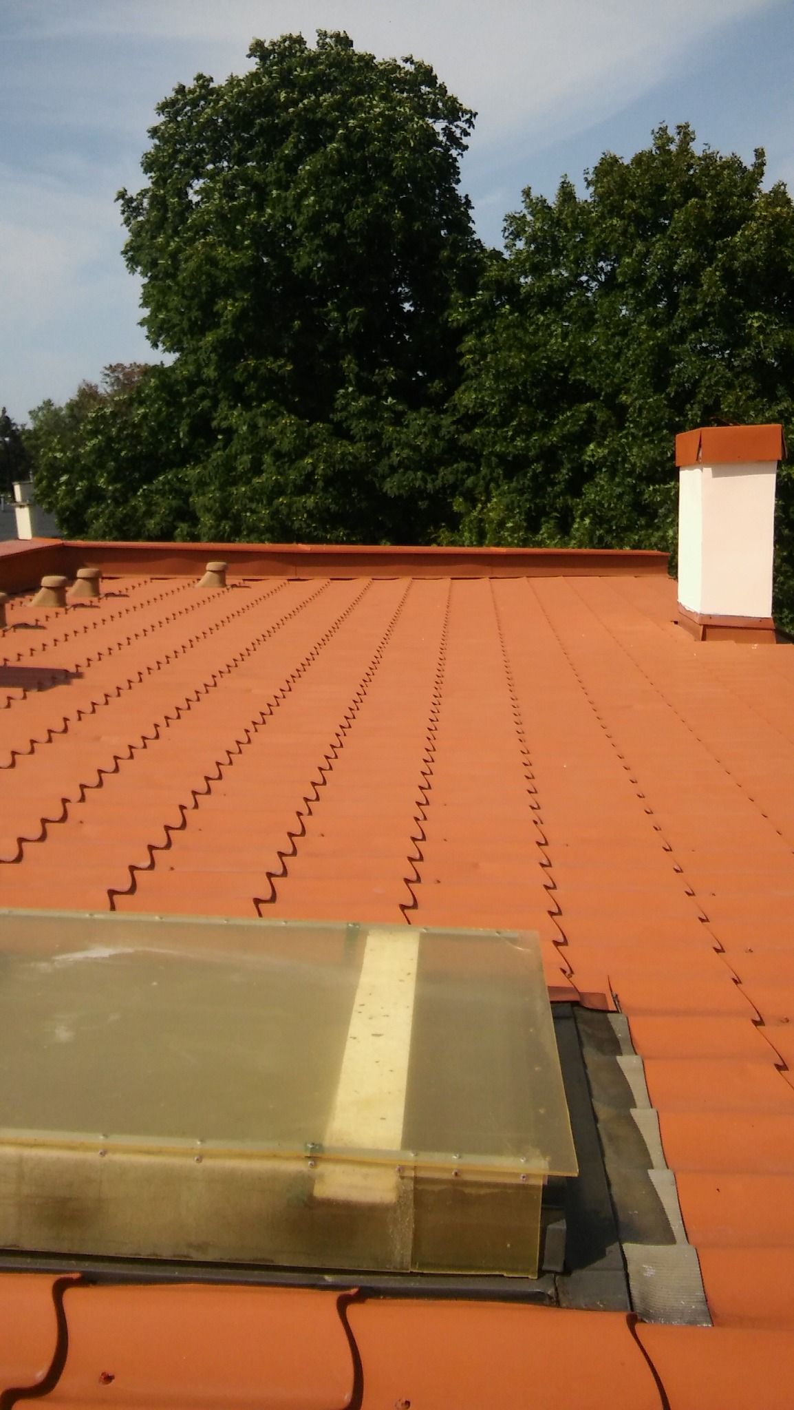 Czerwona dachówka ceramiczna z oknem dachowym i kominem na tle zielonych drzew.