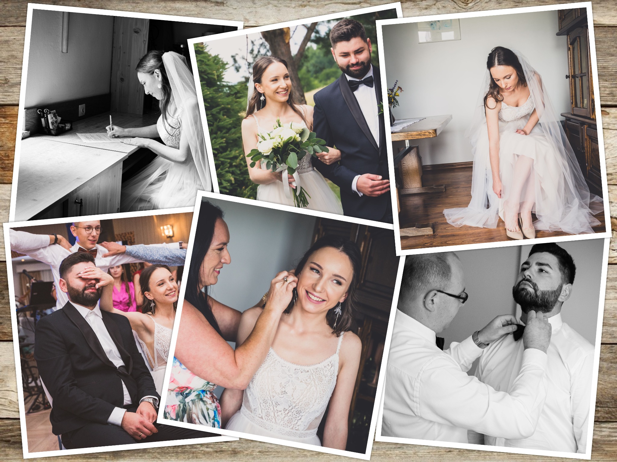 Kolaż zdjęć ślubnych: panna młoda podpisująca dokument, para młoda na spacerze, przygotowania panny młodej, zabawa weselna, zakładanie kolczyków, poprawianie muchy przez świadka.