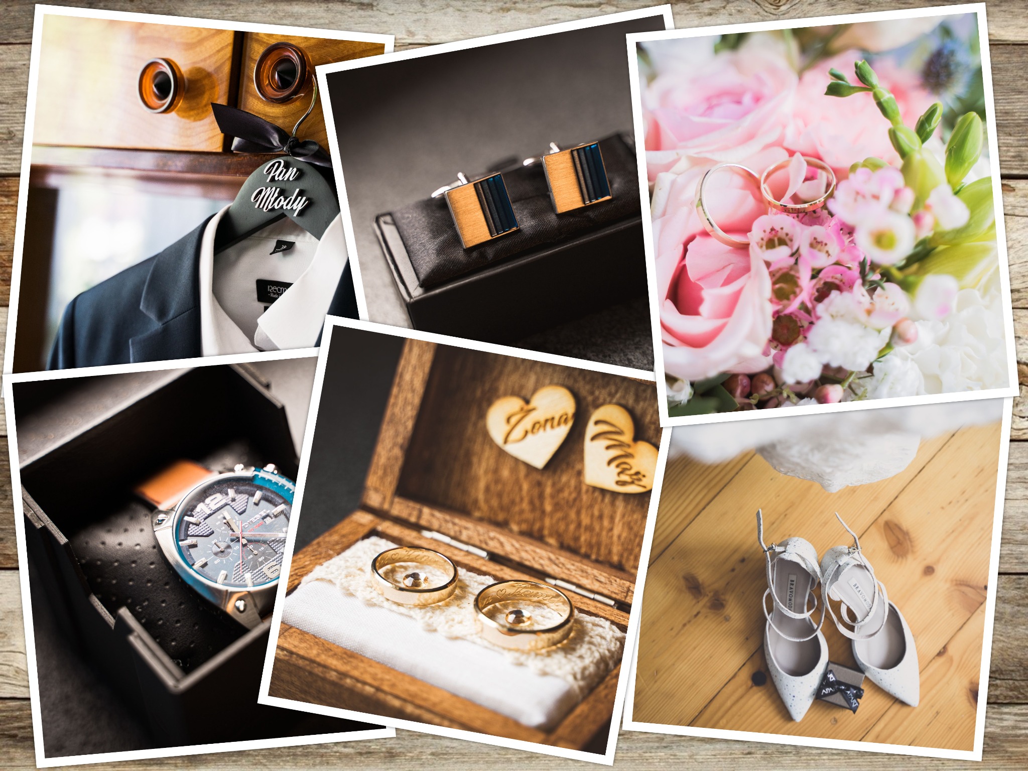 Kolaż zdjęć detali ślubnych z Sanoka: garnitur Pana Młodego na wieszaku z napisem, spinki do mankietów, obrączki na kwiatach, zegarek w pudełku, obrączki w drewnianym pudełku z drewnianymi...