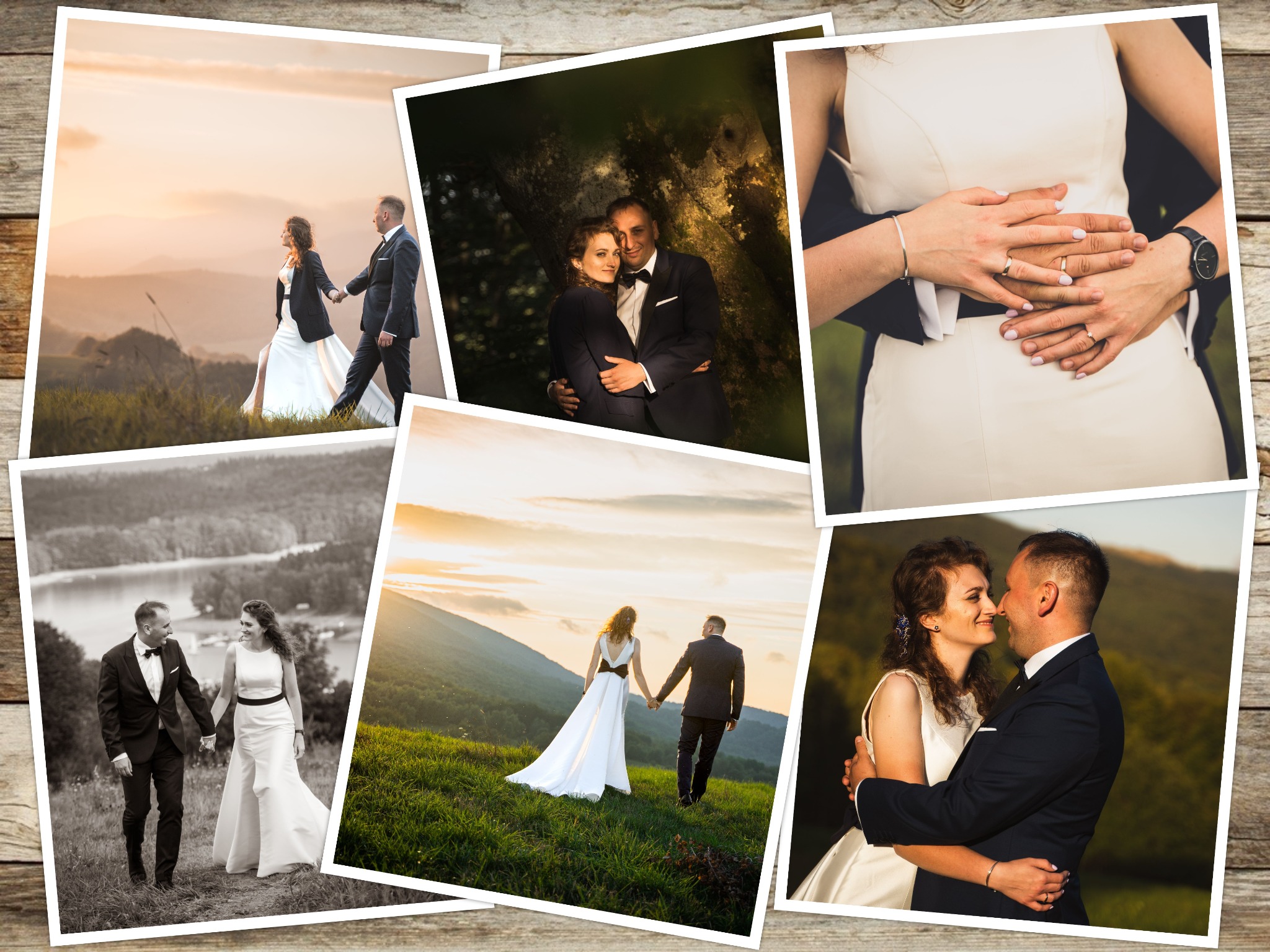 Kolaż zdjęć ślubnych na drewnianym tle: para na tle górskiego krajobrazu o zachodzie słońca, zbliżenie dłoni z obrączkami, czarno-biała fotografia pary spacerującej nad jeziorem, oraz portret pary...