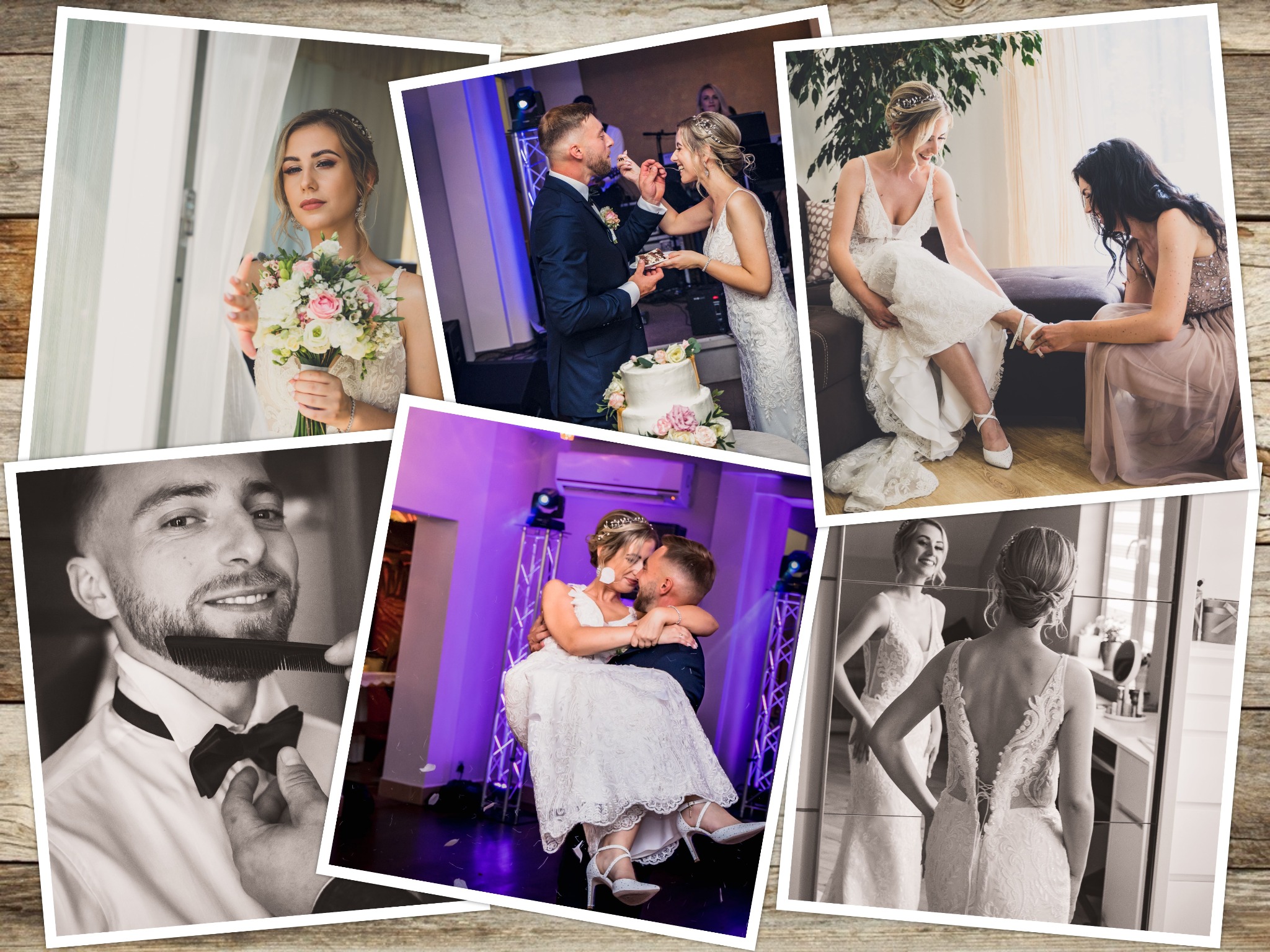 Kolaż zdjęć z uroczystości ślubnej: panna młoda z bukietem, karmienie tortem, pomoc w zakładaniu butów, poprawianie brody przez pana młodego, taniec nowożeńców, panna młoda przeglądająca się...