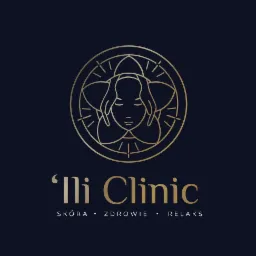 Złote logo 'Ili Clinic' na granatowym tle, przedstawiające stylizowaną twarz kobiety w okręgu z promieniami i kwiatowymi elementami, z napisami 'SKÓRA • ZDROWIE • RELAKS' poniżej.