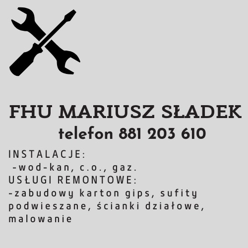 Wizytówka firmy FHU Mariusz Sładek oferującej instalacje wod-kan, c.o. i gaz oraz usługi remontowe, z ikoną skrzyżowanych klucza i śrubokręta.