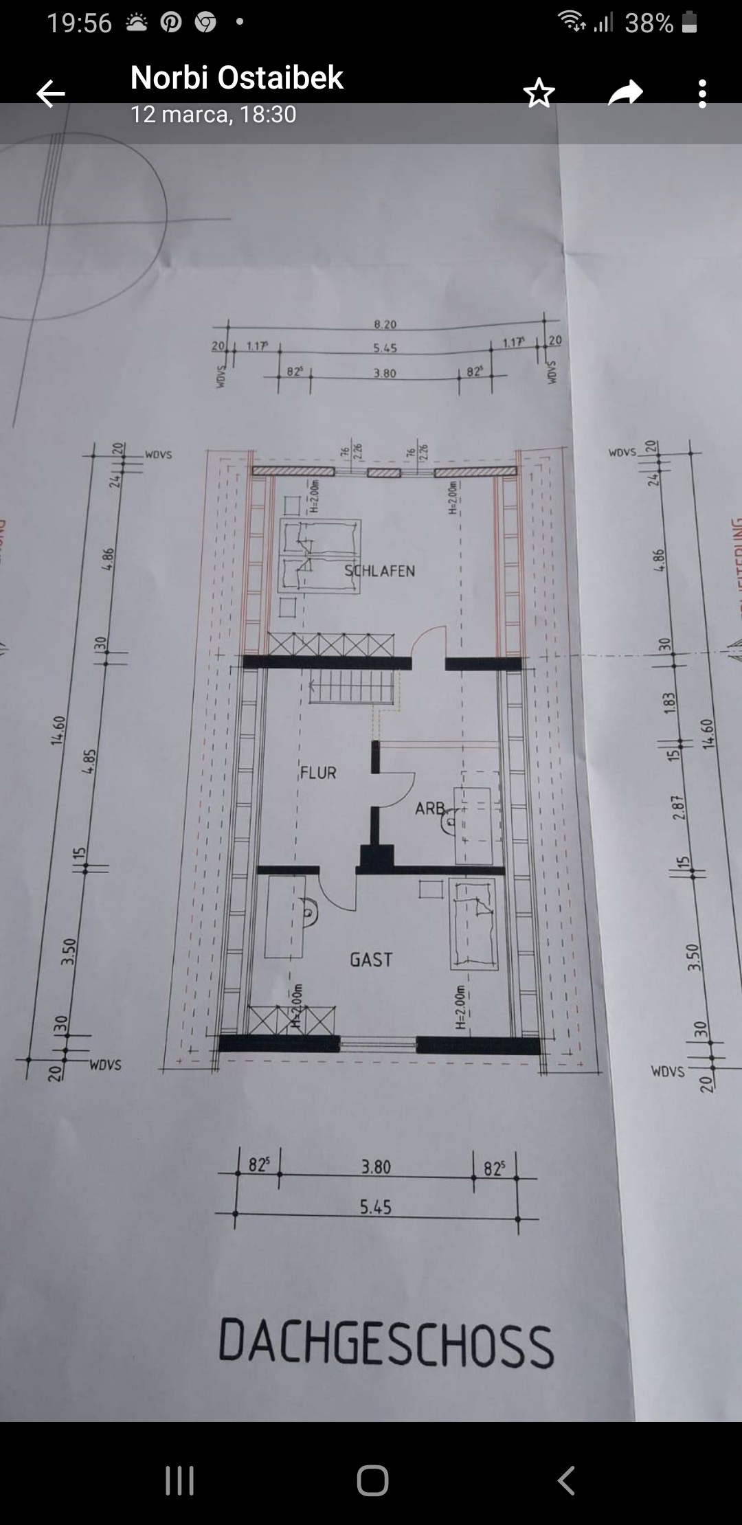 Rzut dachu poddasza z wymiarami, widoczne pomieszczenia: sypialnia, korytarz, gabinet i pokój gościnny.