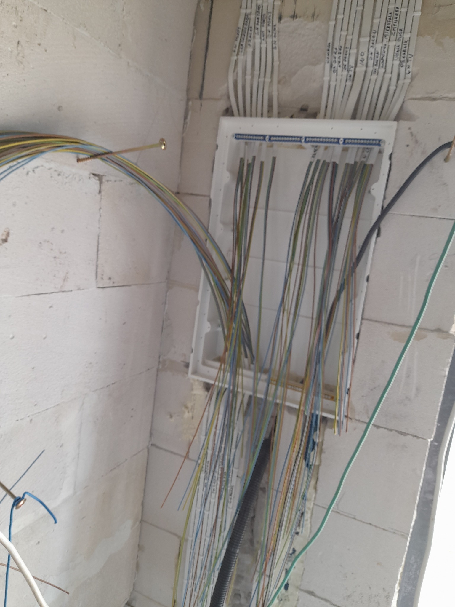 Rozdzielnica elektryczna w surowym stanie, widoczne kable w różnych kolorach, białe przewody oznaczone opisami, ściany z betonu komórkowego.