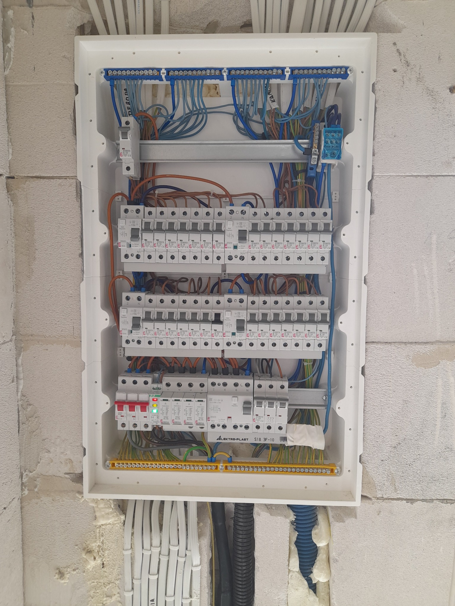 Rozdzielnica elektryczna z licznymi bezpiecznikami i przewodami zamontowana na surowej ścianie z betonu komórkowego, widoczne kable wchodzące do skrzynki od dołu.