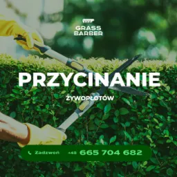 Grafika reklamowa: Przycinanie żywopłotów, dłonie w żółtych rękawicach przycinają żywopłot nożycami, logo Grass Barber, numer telefonu.