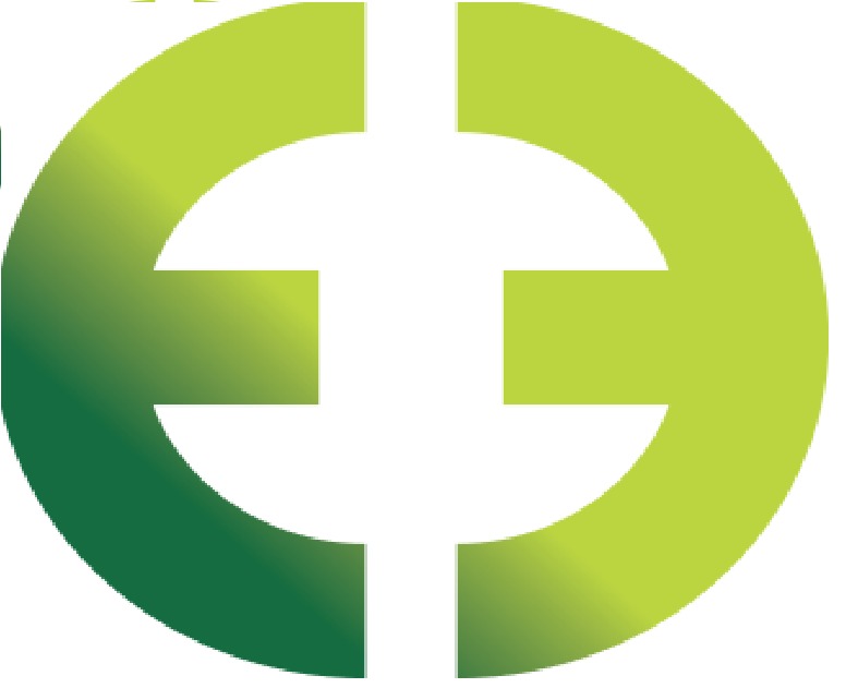 Abstrakcyjne logo w kształcie okręgu z wyciętymi elementami, tworzące symbol przypominający dwie odwrócone litery 'E', w odcieniach zieleni z efektem gradientu.
