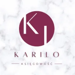 Logo firmy KARILO Księgowość na tle marmurkowym. Purpurowy okrąg z białymi literami K i L.