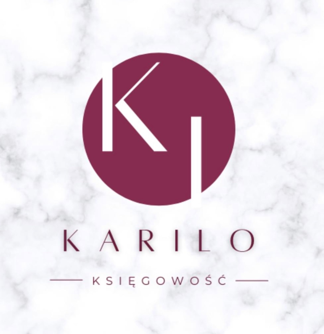 Logo firmy KARILO Księgowość na tle marmurkowym. Purpurowy okrąg z białymi literami K i L.