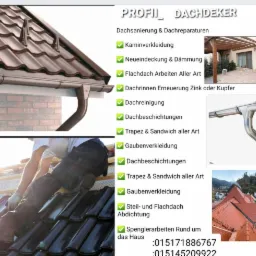 Kolaż zdjęć z usług dekarskich: brązowa dachówka z rynną, dekarz pracujący na czarnym dachu oraz przykłady różnych realizacji dachowych.