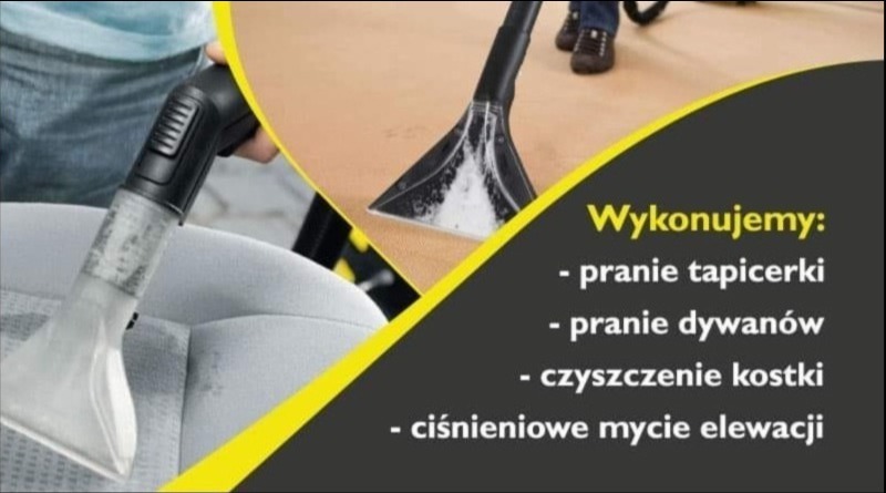 Zdjęcie reklamowe z fragmentami czyszczonej tapicerki samochodowej i dywanu, z dyszami odkurzacza piorącego i listą usług: pranie tapicerki, dywanów, czyszczenie kostki i mycie elewacji.