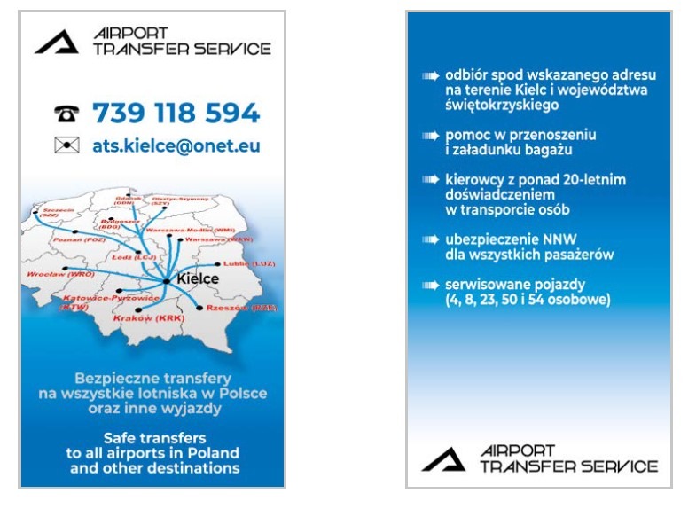 Ulotka reklamowa Airport Transfer Service z numerem telefonu, adresem e-mail, mapą Polski z zaznaczonymi lotniskami i informacjami o usłudze transferu.