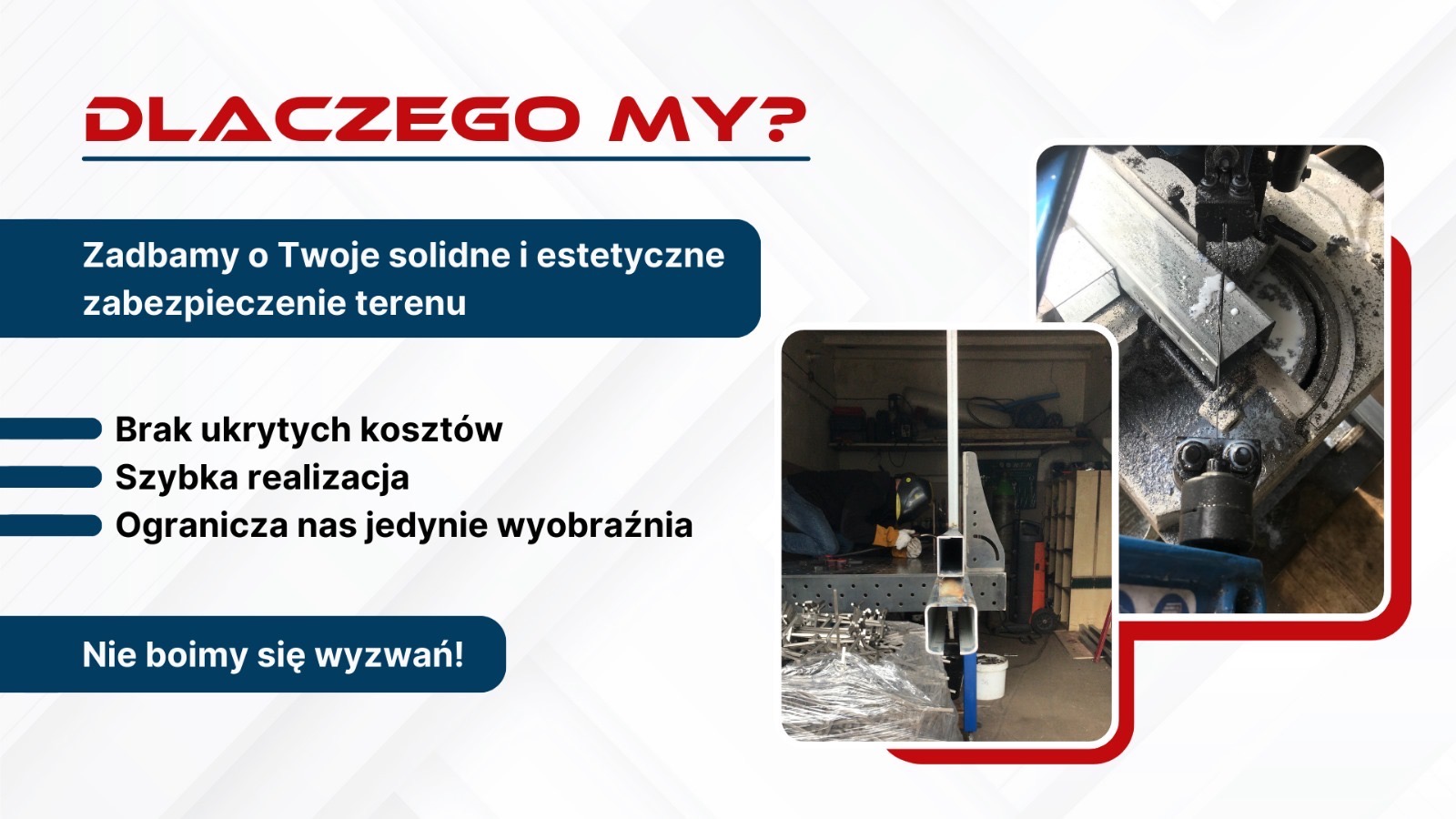 Grafika reklamowa firmy: po lewej stronie tekst z hasłami reklamowymi, po prawej zdjęcia z warsztatu: cięcie metalu piłą tarczową i spawanie konstrukcji metalowej.