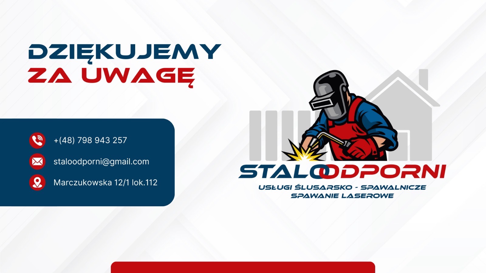 Grafika reklamowa firmy Staloodporni oferującej usługi ślusarsko-spawalnicze i spawanie laserowe, przedstawiająca spawacza w masce i kombinezonie podczas pracy, z iskrzącym spawem na tle...