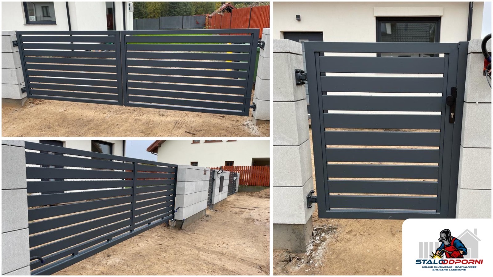 Nowoczesna, pozioma, metalowa brama wjazdowa i furtka w kolorze grafitowym, zamontowana na betonowych słupkach z widocznymi zawiasami, na tle domu w trakcie wykończenia.