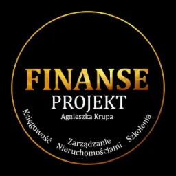 Logo firmy 'Finanse Projekt' Agnieszka Krupa w złotym okręgu na czarnym tle, oferującej usługi z zakresu księgowości i zarządzania nieruchomościami oraz szkolenia.