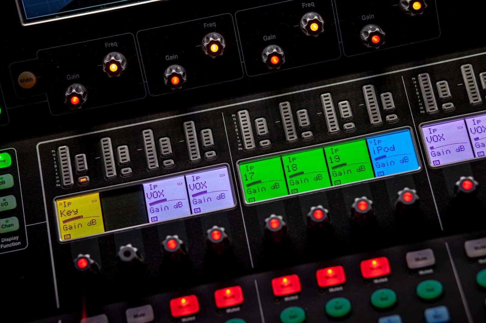 Fragment profesjonalnego miksera audio z podświetlanymi suwakami, wyświetlaczami LED i pokrętłami, ukazujący zaawansowane ustawienia dźwięku.