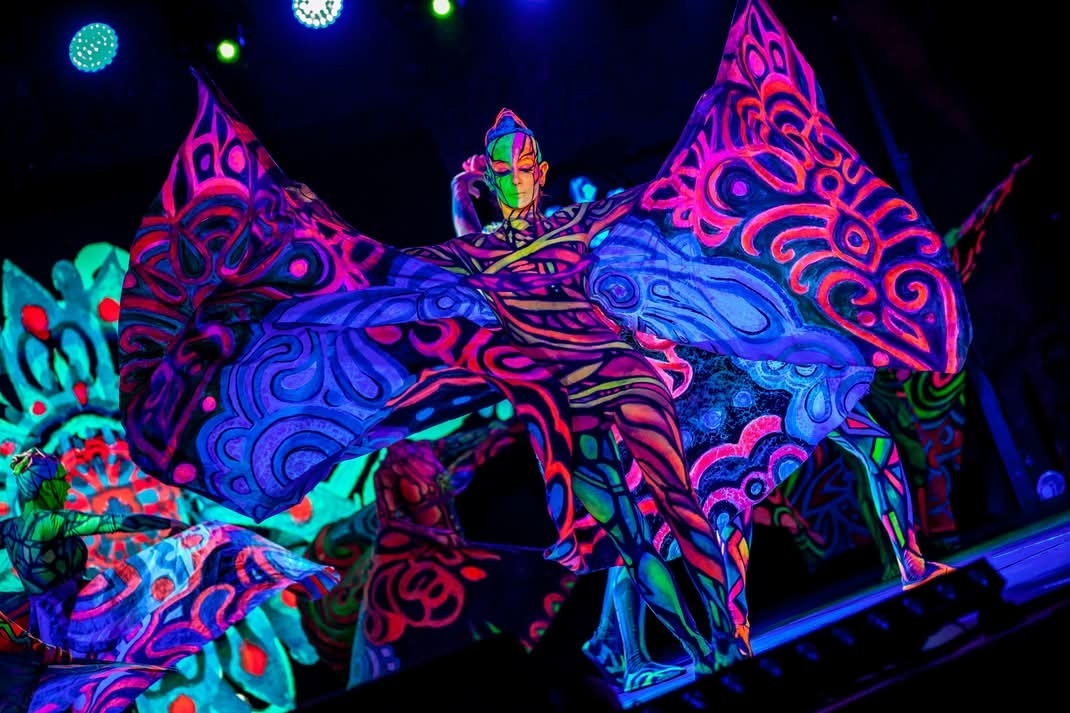 Artystyczne show: grupa performerów z fluorescencyjnym makijażem i body paintingiem w neonowych barwach, tańczących na scenie w ciemności, oświetlonych reflektorami.