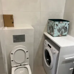 Nowoczesna łazienka z podwieszaną toaletą, płytkami imitującymi marmur, pralką Candy i ozdobnym pudełkiem z motywem małp i roślin na blacie.