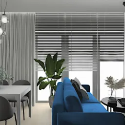 Wizualizacja salonu z niebieską sofą, stołem z szarymi krzesłami, dużym oknem z żaluzjami i zasłonami, oświetleniem punktowym i wiszącym, oraz dekoracjami roślinnymi.