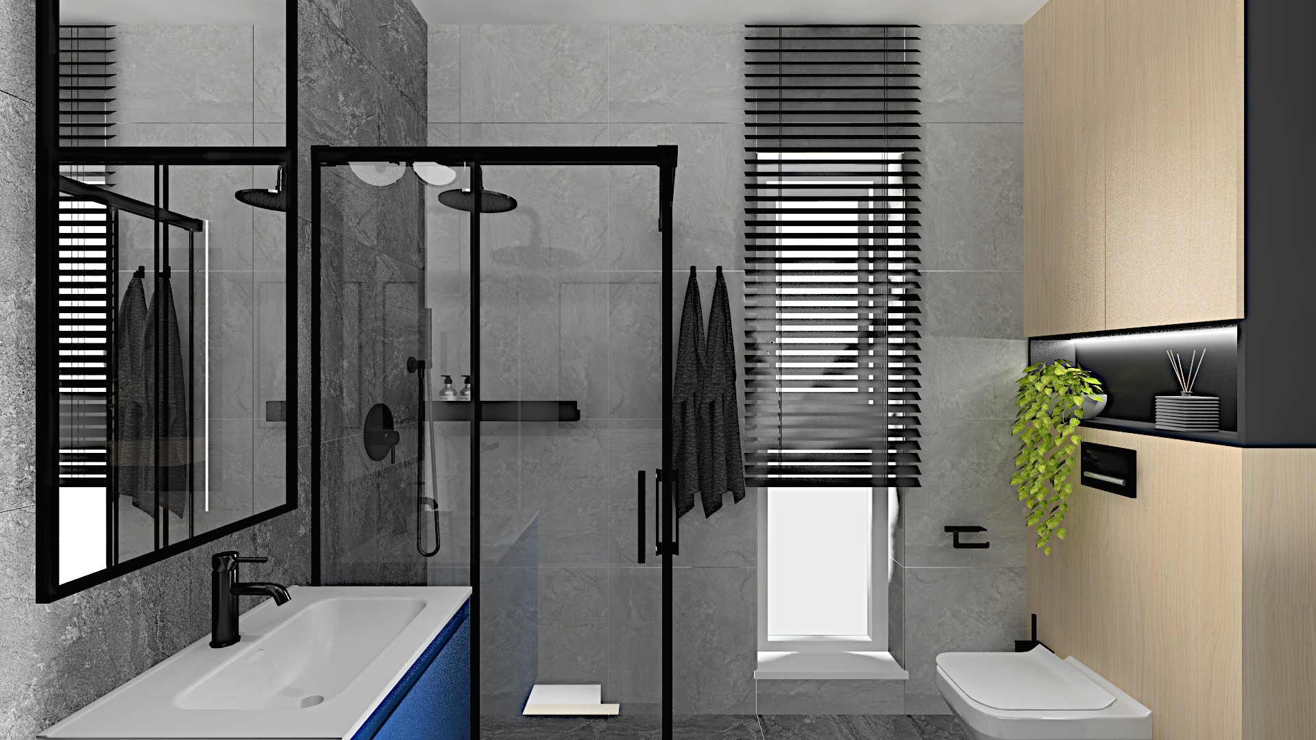 Nowoczesna łazienka w Jastrzębiu-Zdroju z szarymi płytkami, czarną armaturą, kabiną prysznicową typu walk-in i drewnianą szafką z oświetleniem LED oraz zieloną rośliną.