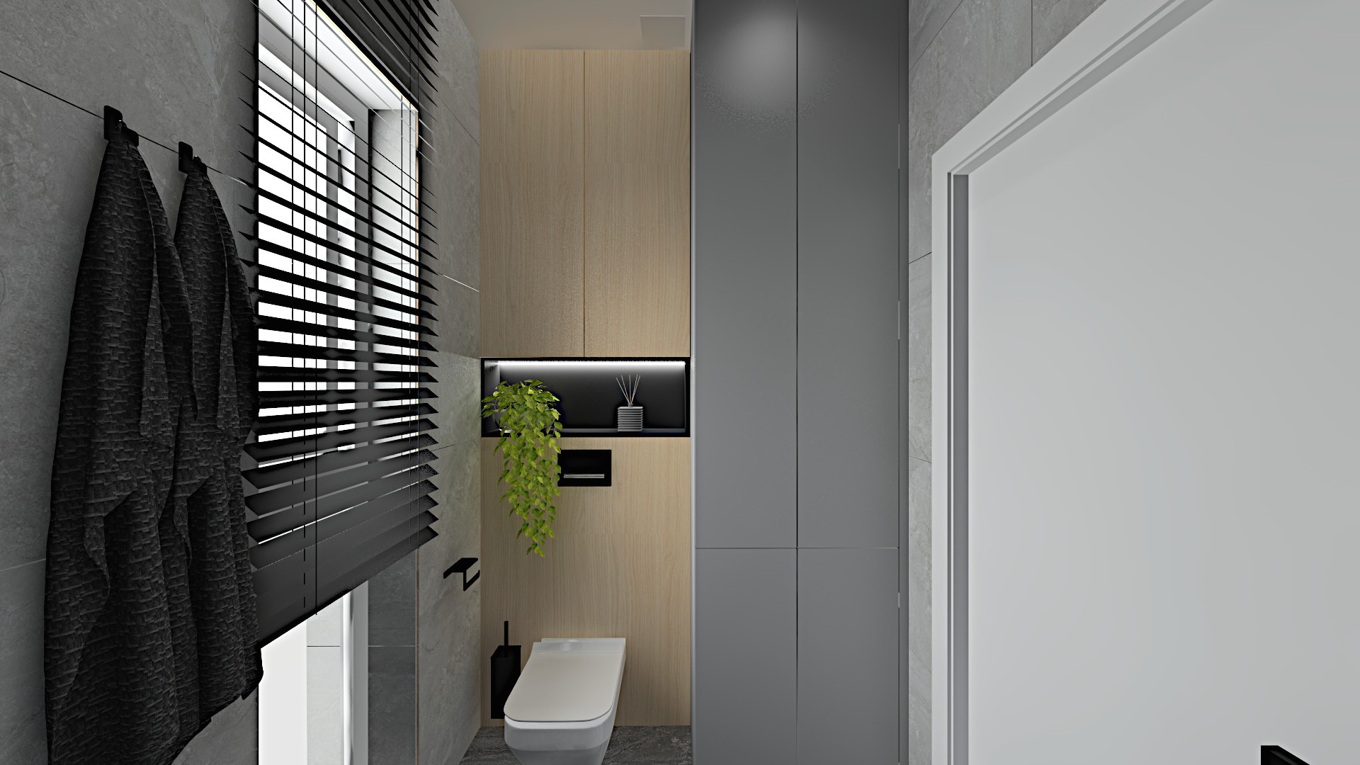 Nowoczesna łazienka z szarą płytką, drewnianą zabudową, wiszącą rośliną, czarnymi roletami i ręcznikami.