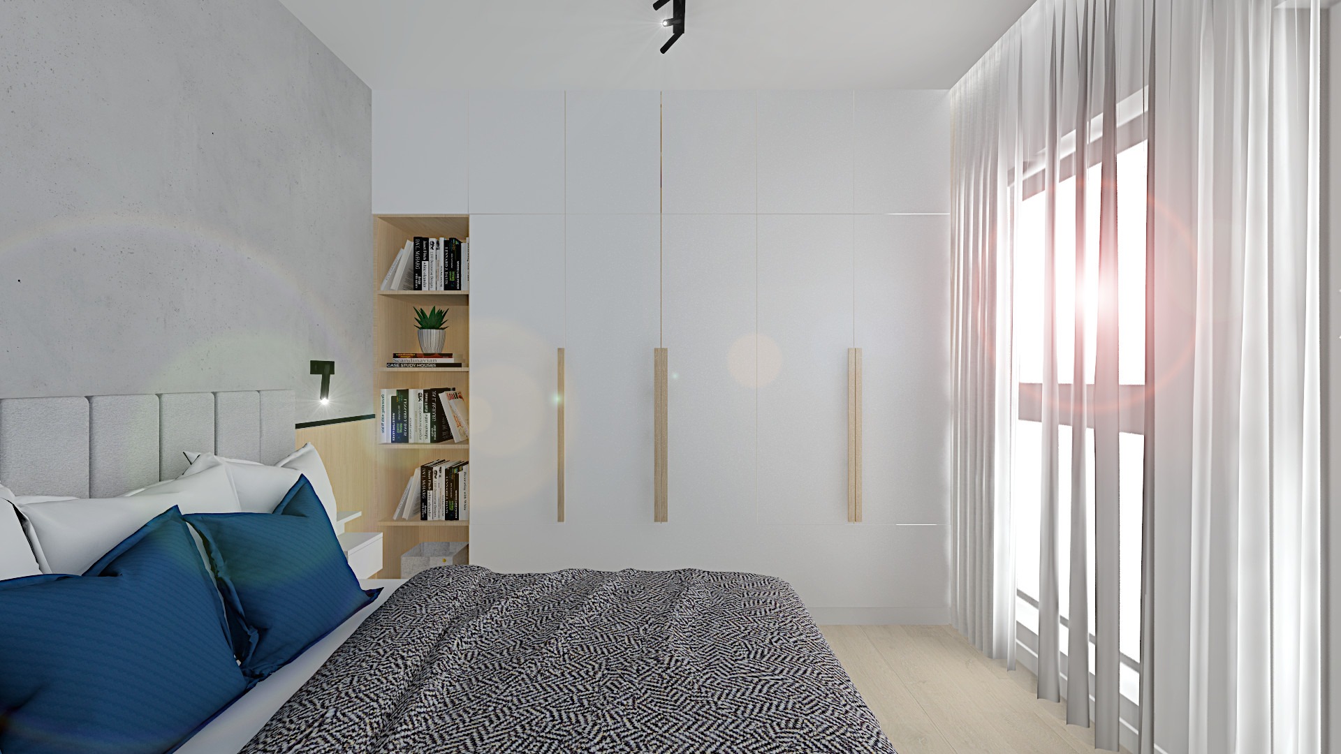 Nowoczesna sypialnia z szarą ścianą, białymi szafami w zabudowie z podłużnymi, drewnianymi uchwytami, otwartym regałem z książkami i rośliną, oraz łóżkiem z niebieskimi poduszkami i narzutą...