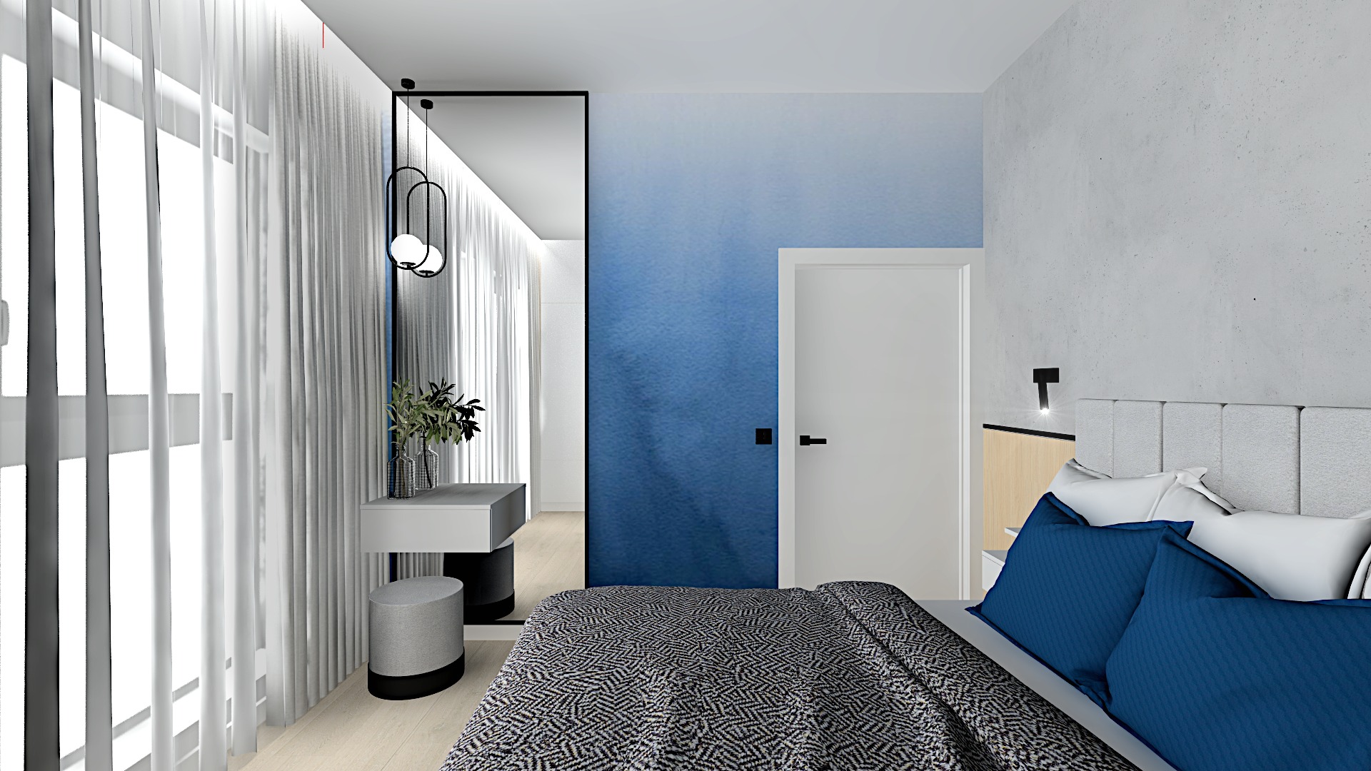 Nowoczesna sypialnia z łóżkiem w szaro-białą geometryczną pościel, niebieskimi poduszkami, toaletką z lustrem w czarnej ramie, białymi zasłonami i ścianą w odcieniach błękitu